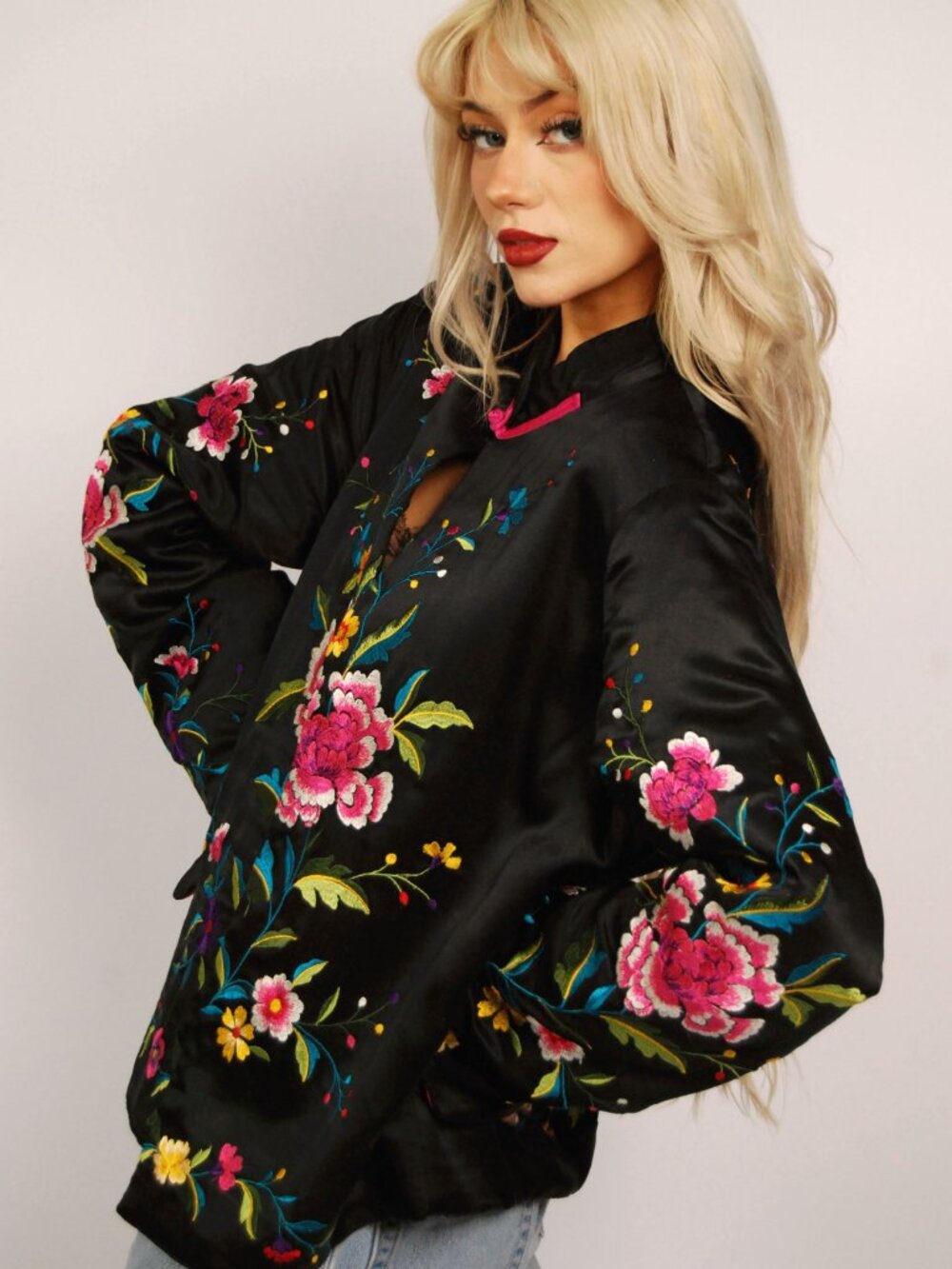 90s Silk Sukajan Jacket (M) medium black vintage womens embroidered chinese art - Picture 5 of 10